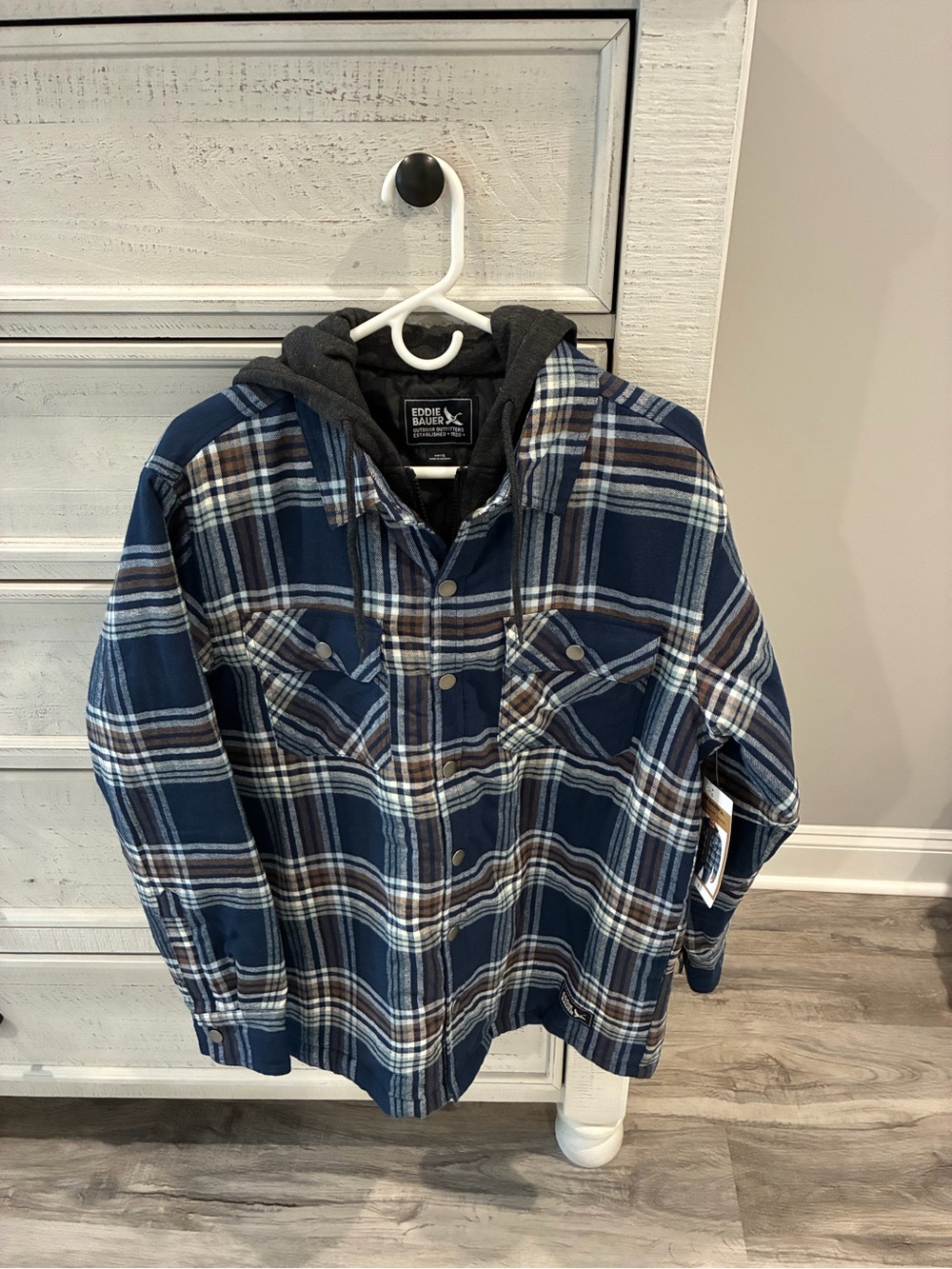 Eddie Bauer Men’s Navy and Brown Plaid Hooded Jacket